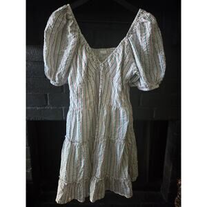 RAHI Striped Puff Sleeve Seersucker Smocked V-Neck Mini Dress Medium Side Zip